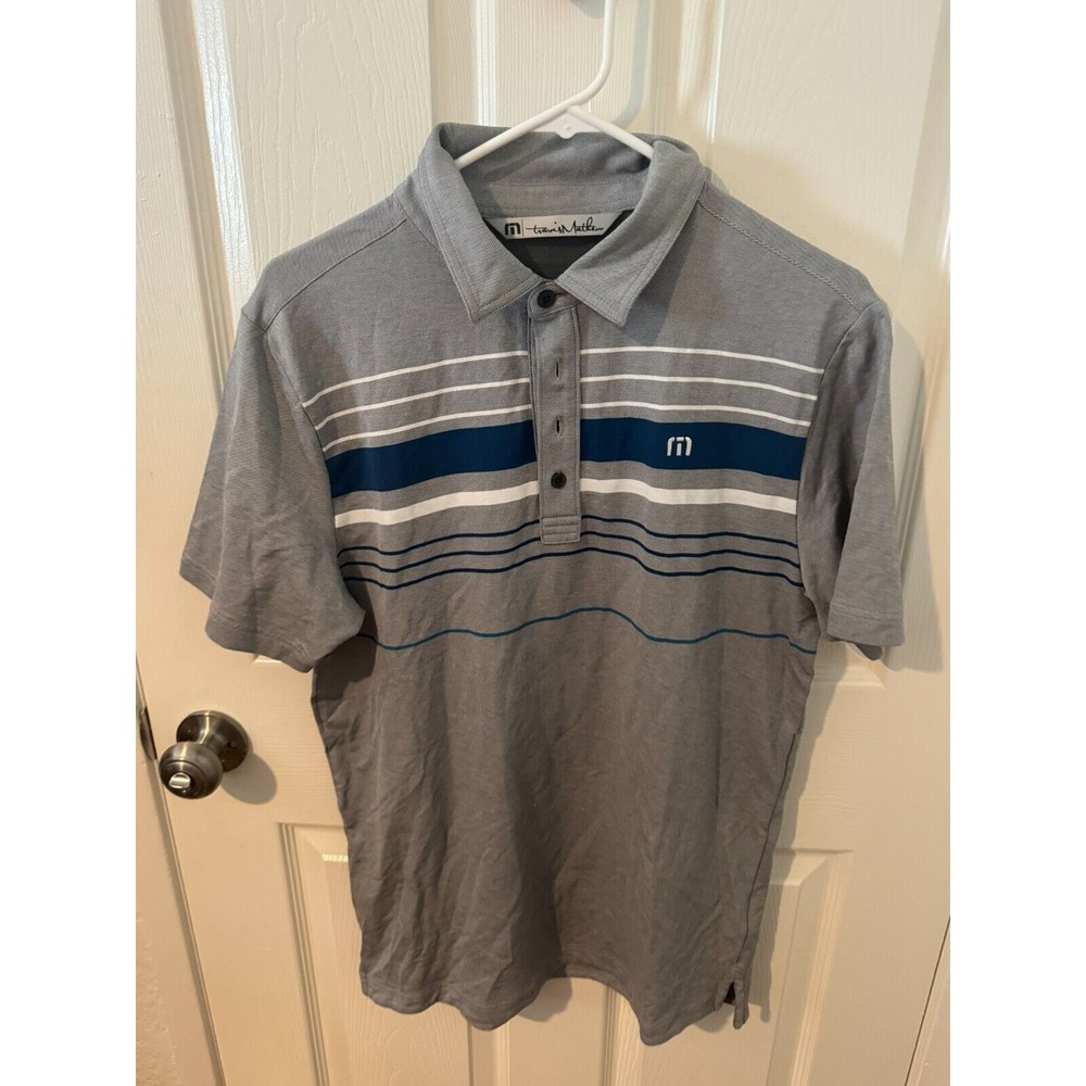Travis Mathew Men Gray Stripe Polyester Logo Short Sleeve Golf Polo Shirt Size M